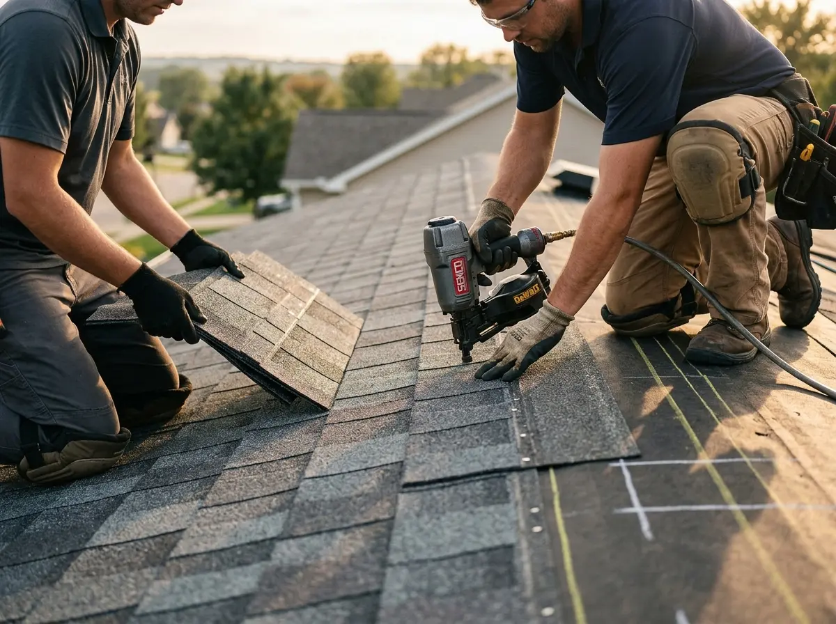 Professional roofer working on a residential roof in Milledgeville